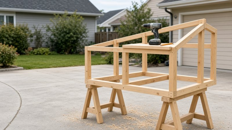 A half-built coop frame of fresh lumber on sawhorses, with a cordless drill and a pencil resting on it