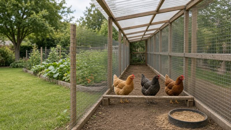 Three hens inside a walk-in run with mesh walls, a low wooden perch and a dust-bath corner beside a garden fence