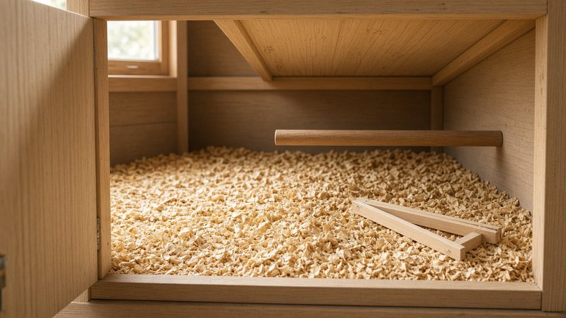 Clean pine shavings on a coop floor under a wooden roost bar, seen through an open clean-out door, with a plain folding ruler